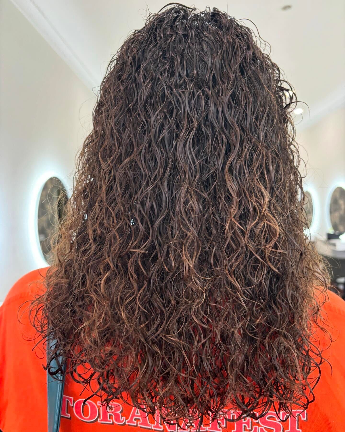 Back View of a Person With Long Curly Brown Hair Wearing a Red Shirt Indoors — Hair Truss & Co In Wallsend, NSW