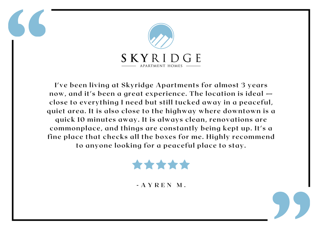 Skyridge resident testimonial graphic with logo and five-star review.