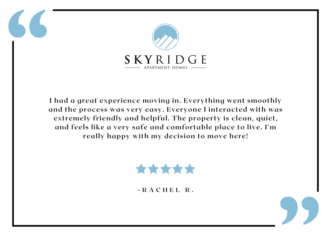Skyridge resident testimonial graphic with logo and five-star review.
