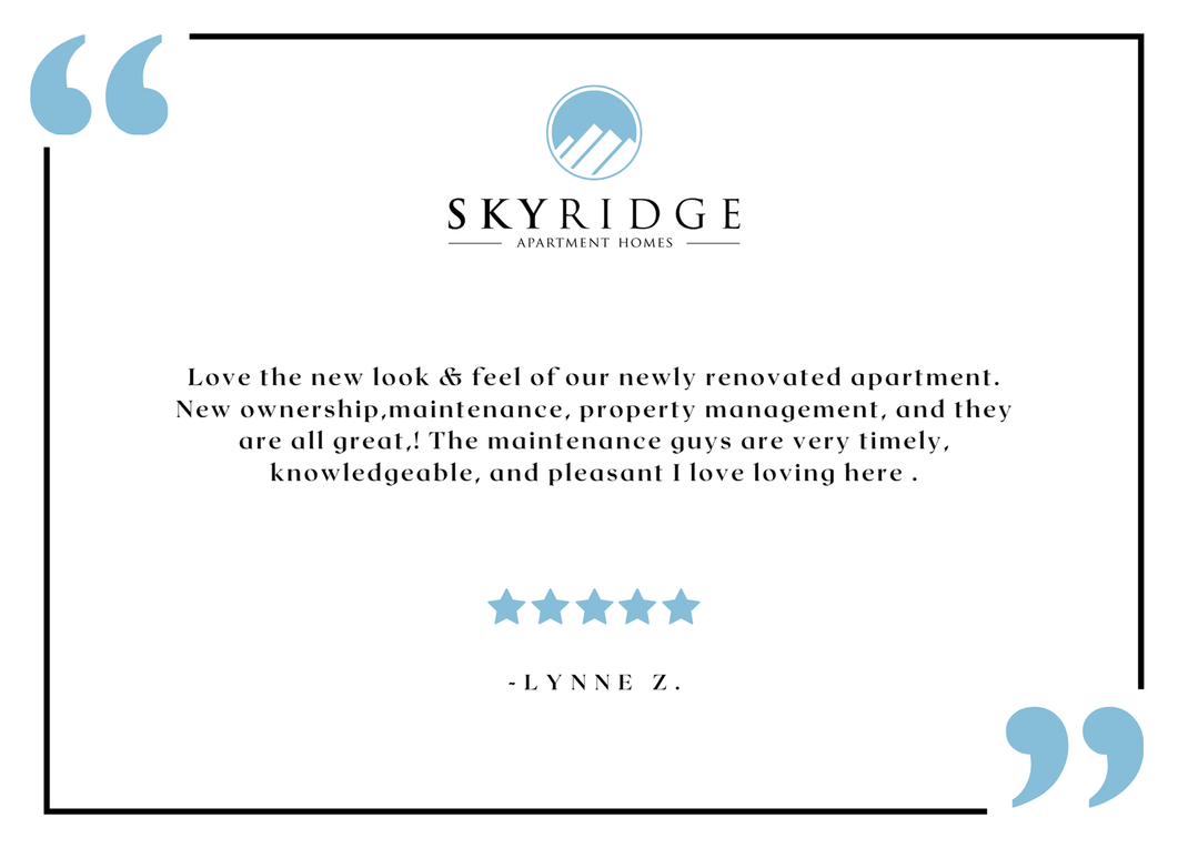 Skyridge resident testimonial graphic with logo and five-star review.