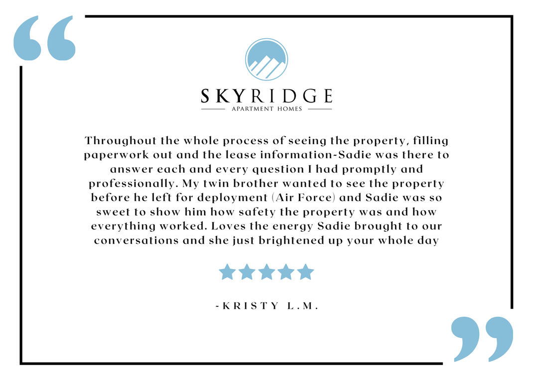 Skyridge resident testimonial graphic with logo and five-star review.