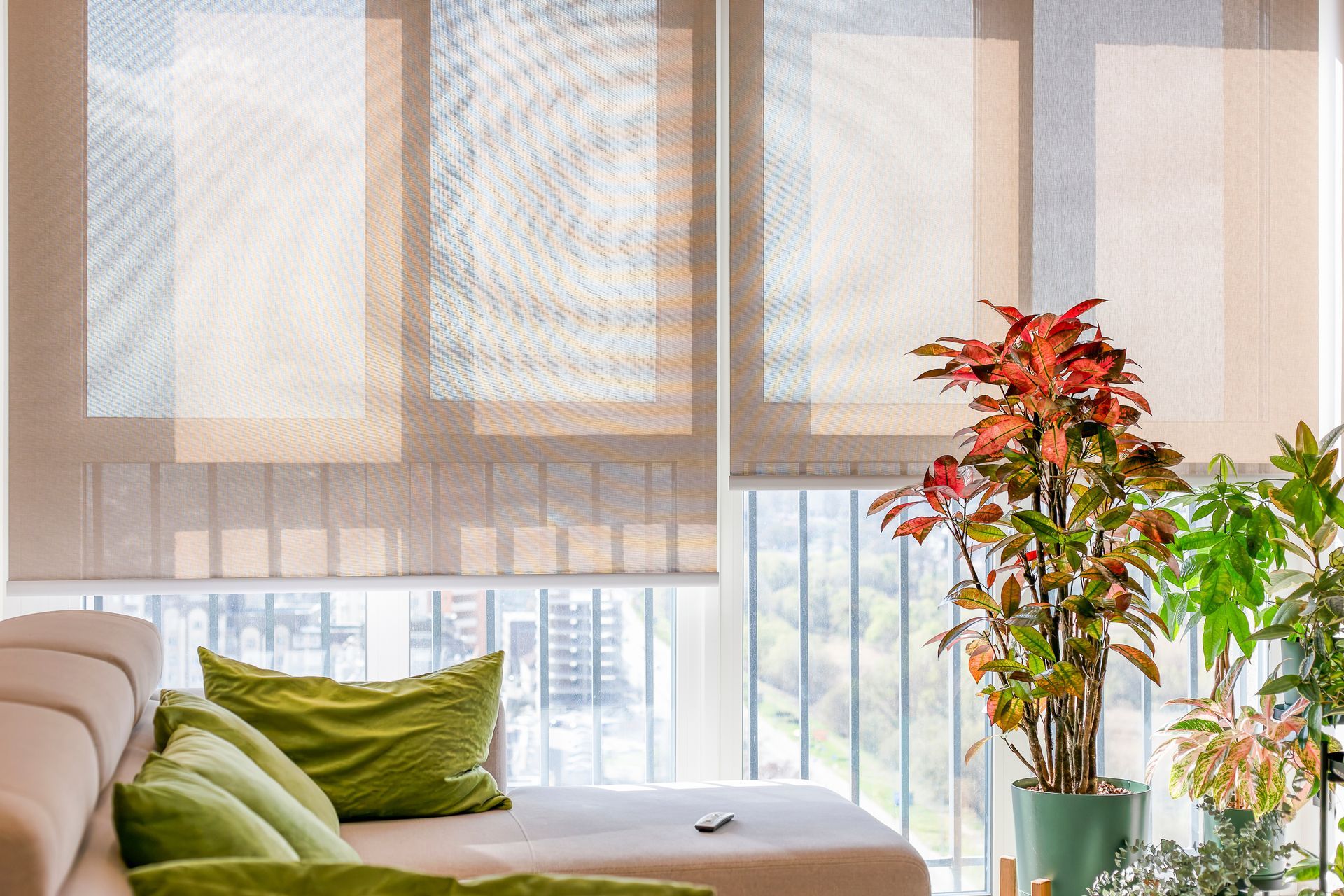 Living room with beige motorized blinds, green cushions on a sofa, and a potted plant by the window.