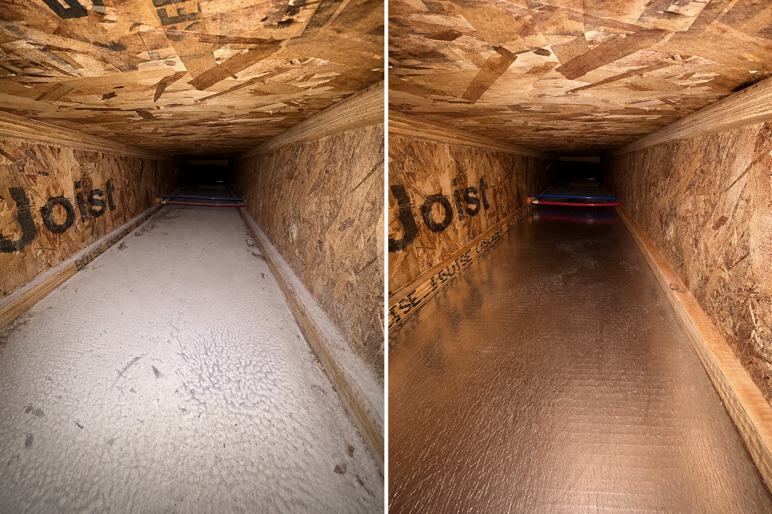 Side-by-side tunnel view: left bright white, right warm brown with darker far end.