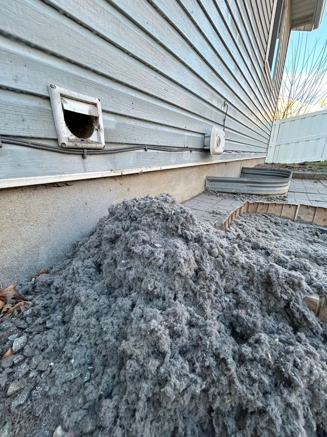 Gray insulation piled beside a house foundation under light-blue siding with a vent opening