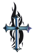 Blue and black stylized cross with flame-like accents on a white background