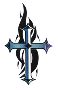 Blue and black stylized cross with flame-like accents on a white background