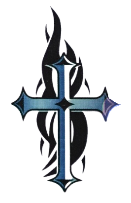 Blue and black stylized cross with flame-like accents on a white background