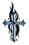 Blue and black stylized cross with flame-like accents on a white background