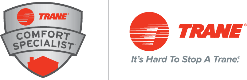 Trane logo and Comfort Specialist badge on white background, with slogan “It’s Hard To Stop A Trane.”