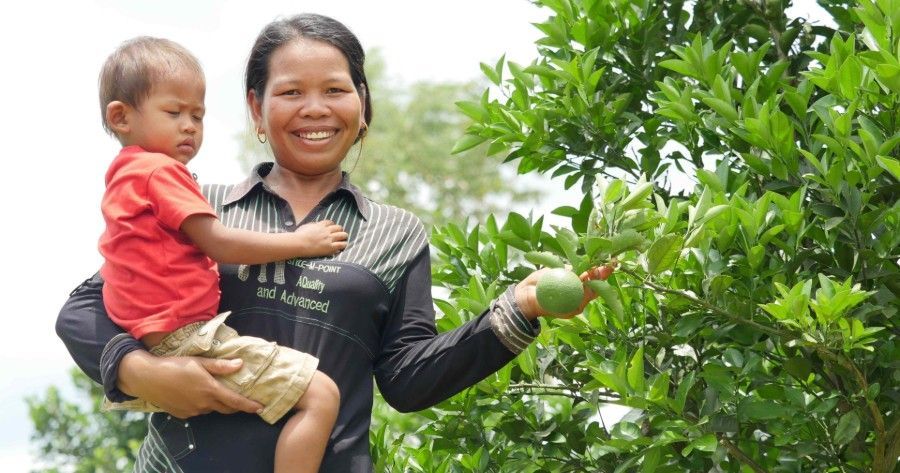 Smiling adult holding a child while harvesting fruit from a leafy tree outdoors