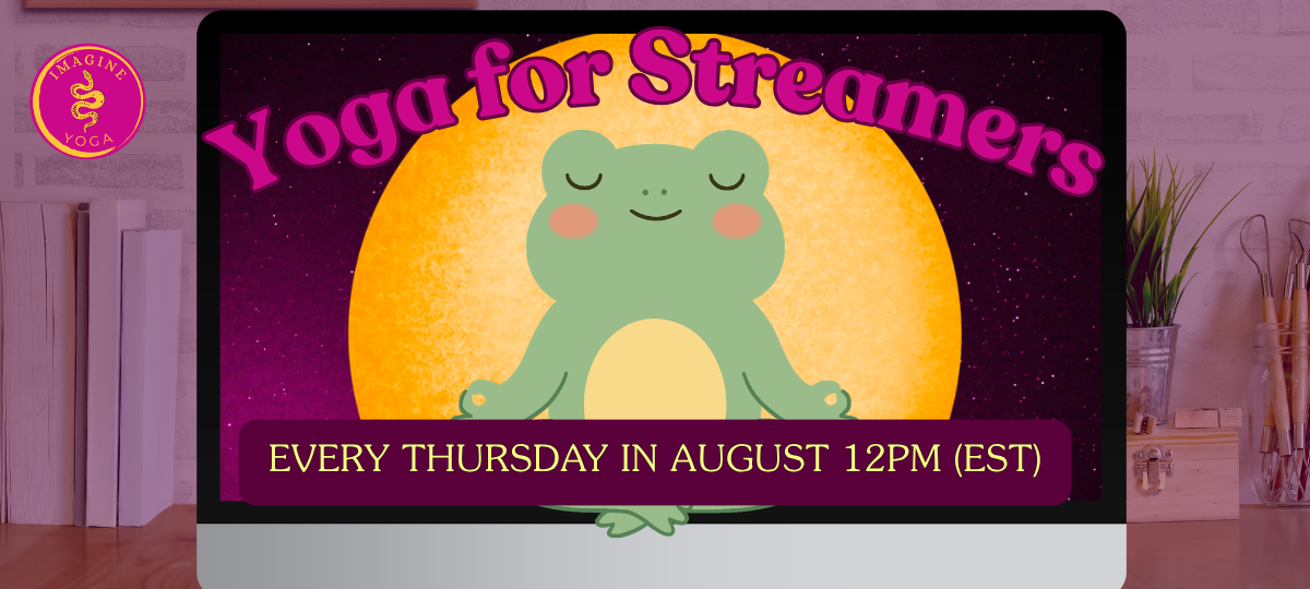 A computer screen with a meditating yoga frog with the title of the series.