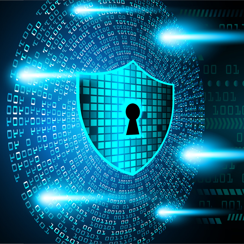 Digital security shield with keyhole, blue binary code background, and bright light effects.