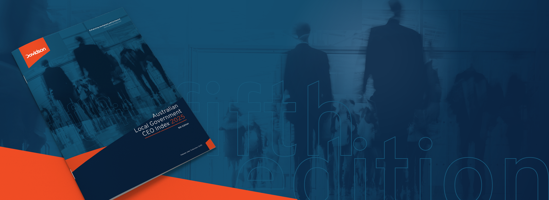 Dark silhouettes on a dark blue background with an orange accent and brochure.