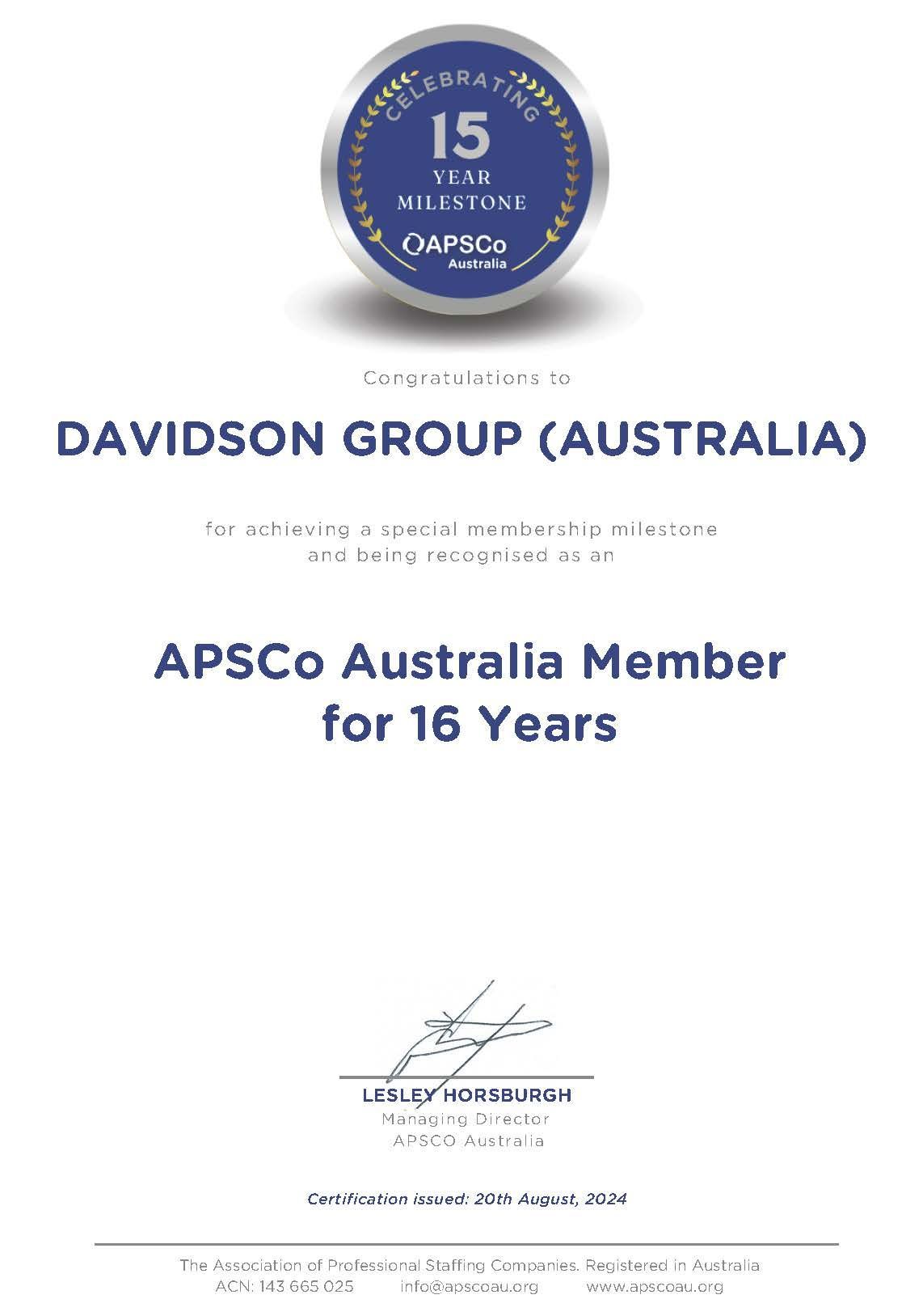 Davidson group - APSCo Australia member certificate for 16 years.