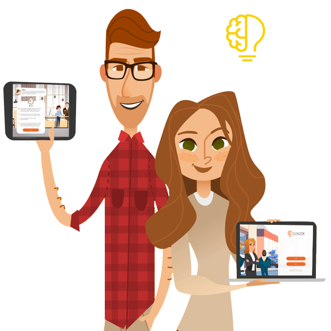 Cartoon of man holding a tablet and a women holding a laptop to illustrate Davidson's gamified assessment.