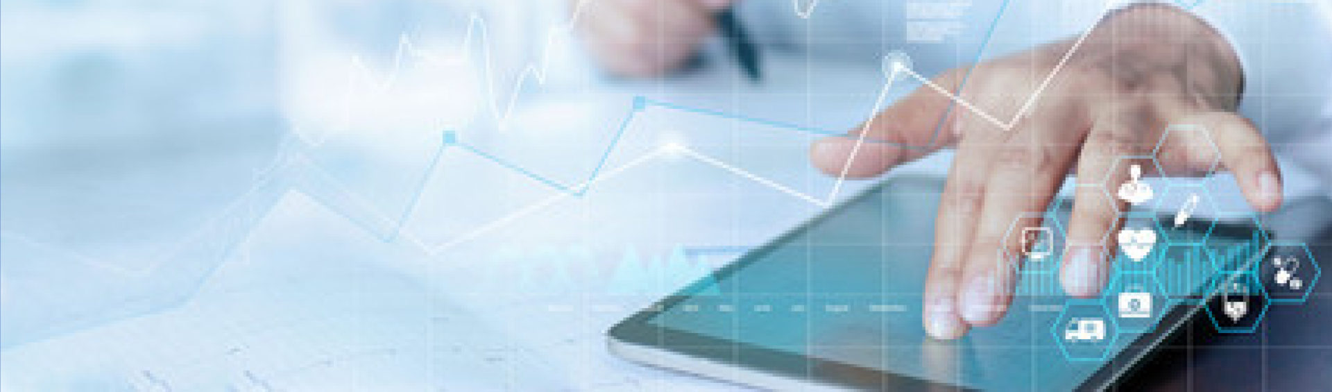 Someone reaches out to touch a computer tablet as a chart and icons are imposed over the photo.