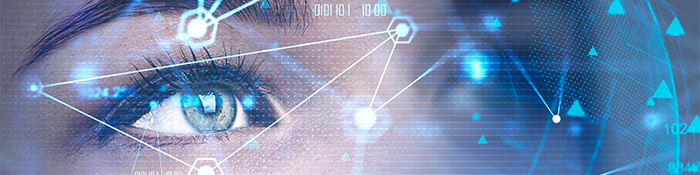 A close up of a woman 's eye with a futuristic background.