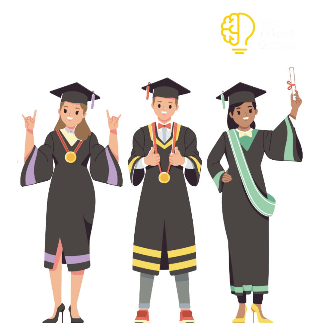 Cartoon style illustration of three graduates to showcase Davidson's gamified assessment through The Talent Games.