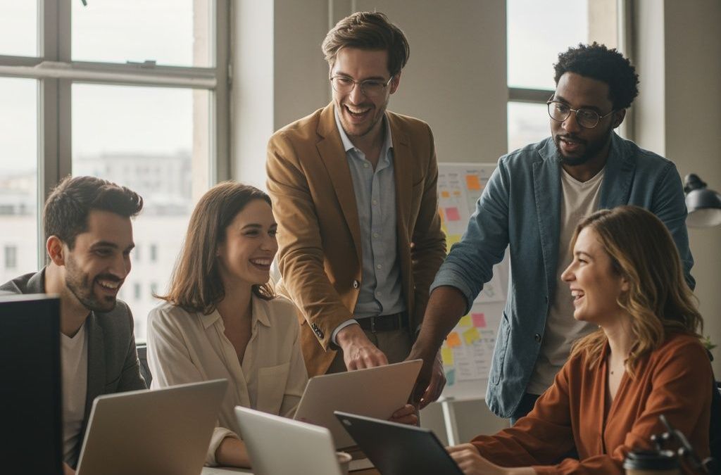 A group of people are standing around a table with laptops.