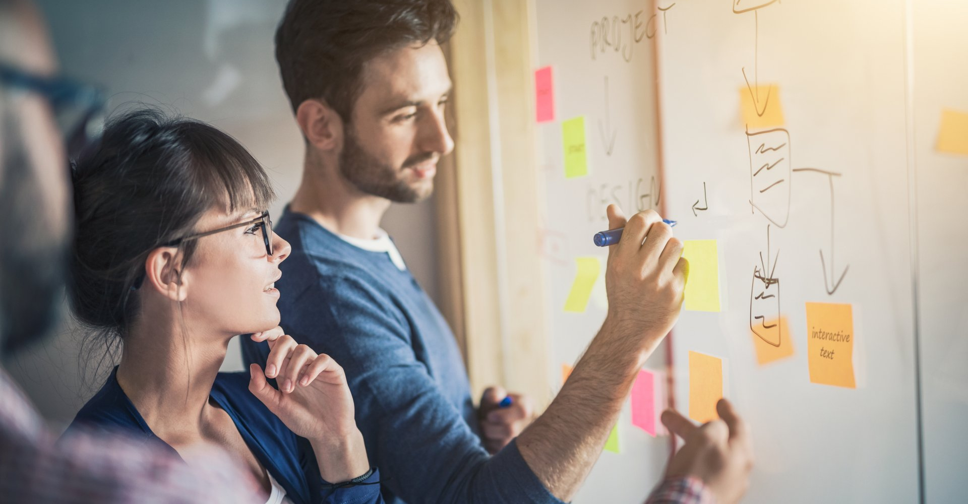 A man and woman discussing sticky notes and white board making drawings on a glass board