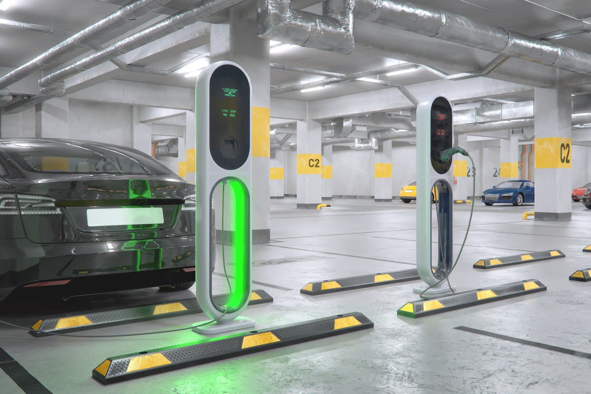 A car is being charged at a charging station in a parking garage.