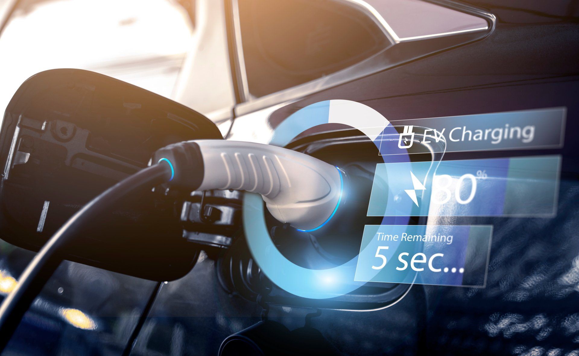 An electric car is being charged at a charging station.