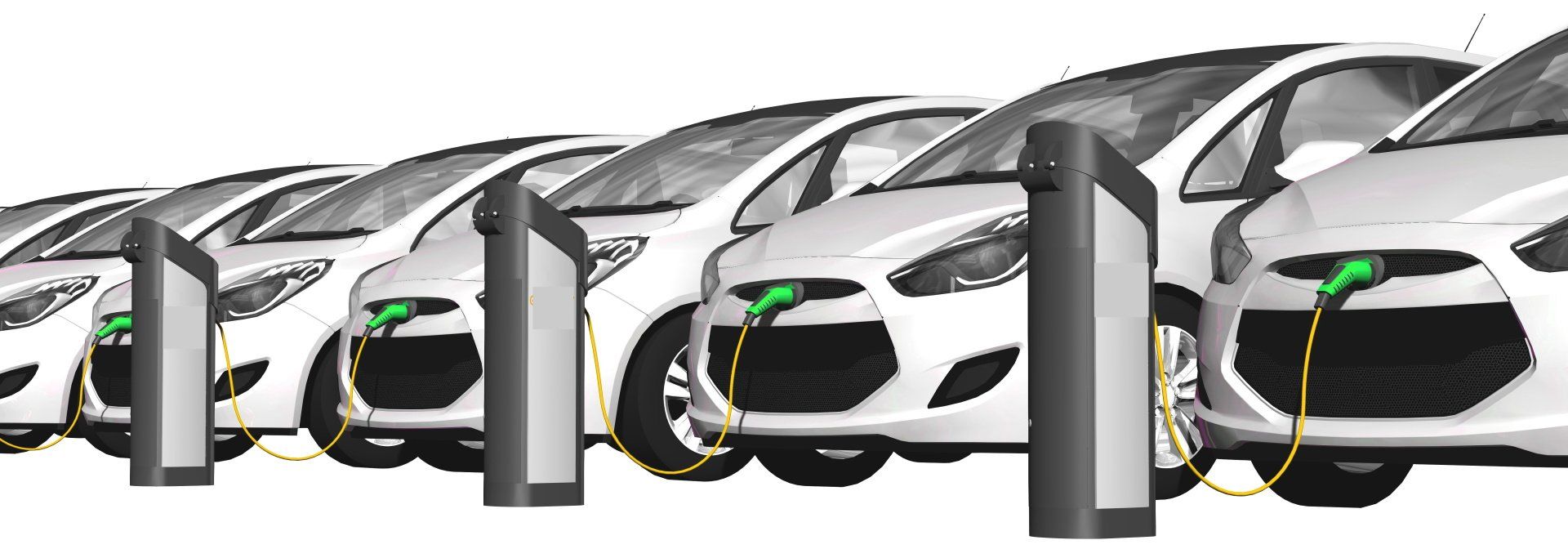 A row of electric cars are charging at charging stations.
