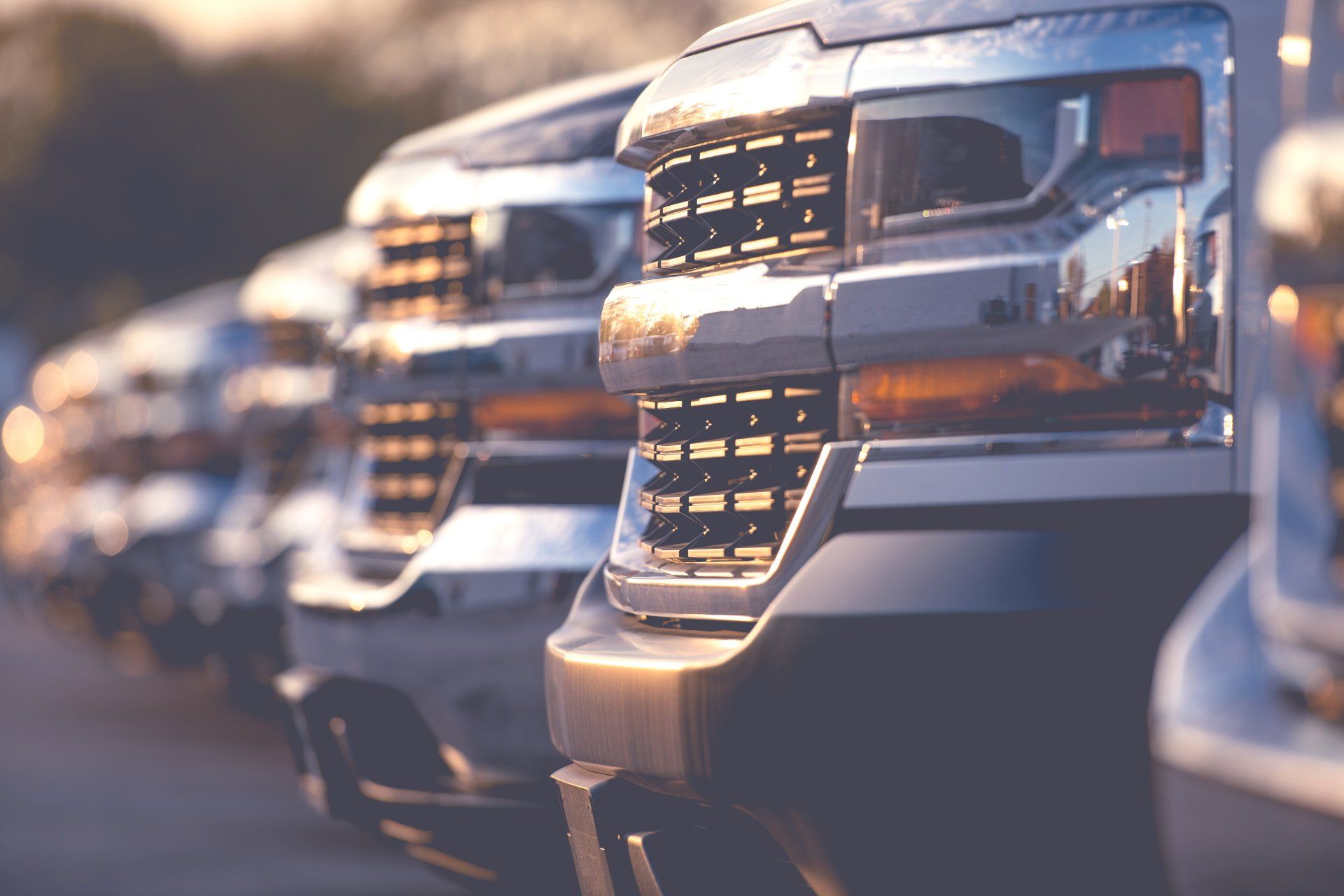 A row of trucks are parked next to each other on the side of the road.