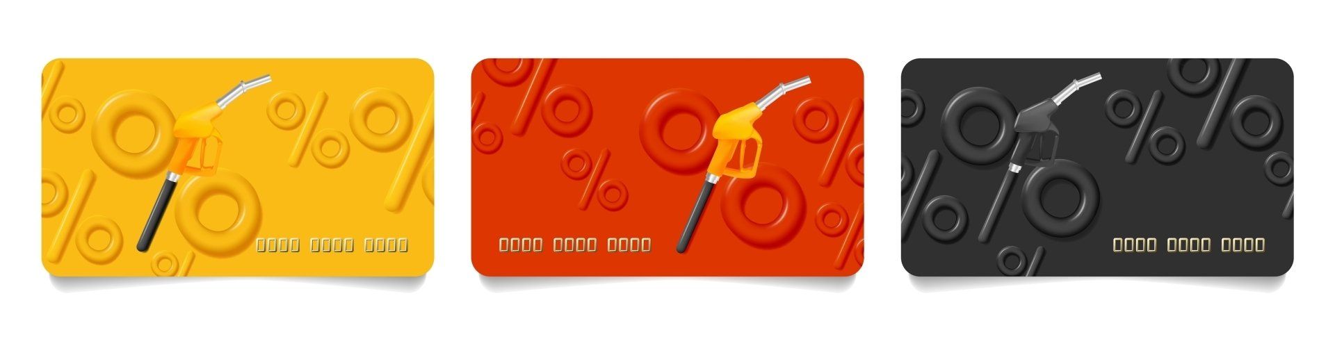 A set of three credit cards with percentages on them.