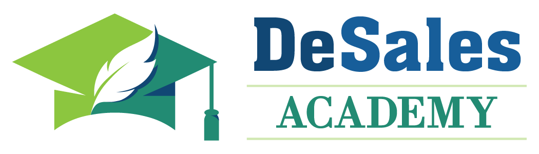 Logo for DeSales Academy, featuring a graduation cap and a feather; text reads