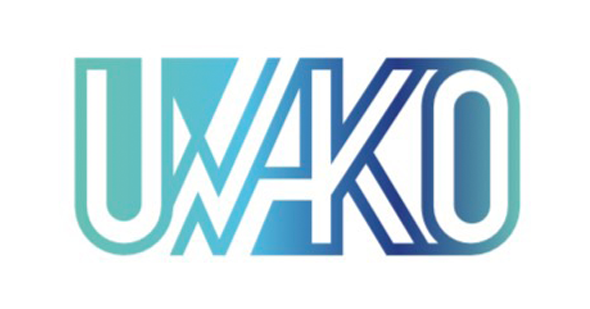 UWAKO標誌，以綠松石和藍色為主色調，字母採用風格化設計，背景為白色。