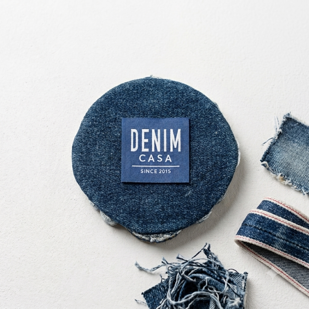 白色背景上印有「DENIM CASA」標籤的牛仔布樣品，周圍環繞著牛仔布碎料。