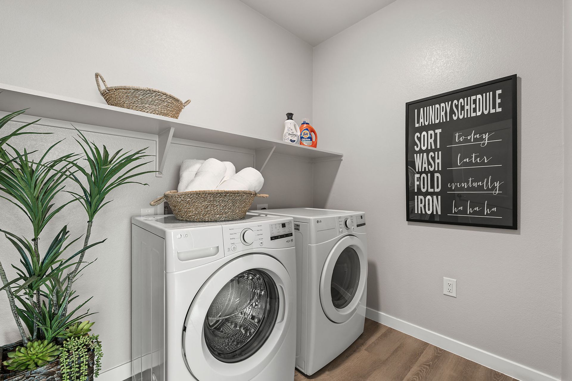 Laundry room with white washer/dryer, shelving with basket, decorative plant, and 