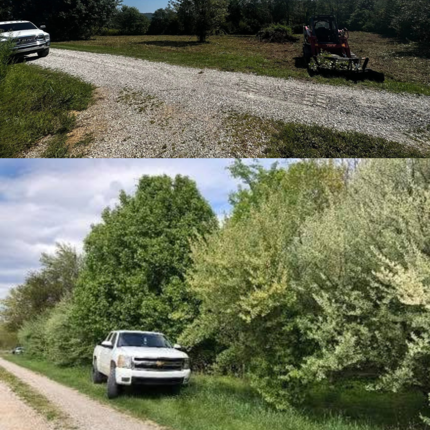 Top: white pickup truck on gravel road, tractor mowing. Bottom: white truck on grassy road, dense foliage.