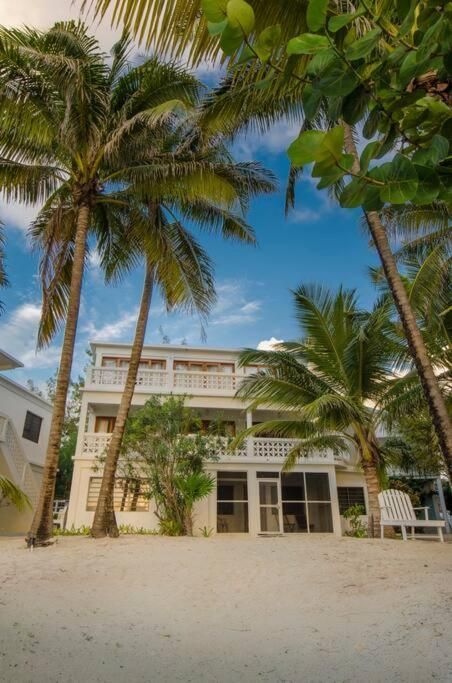 White beach house with palm trees against a blue sky.