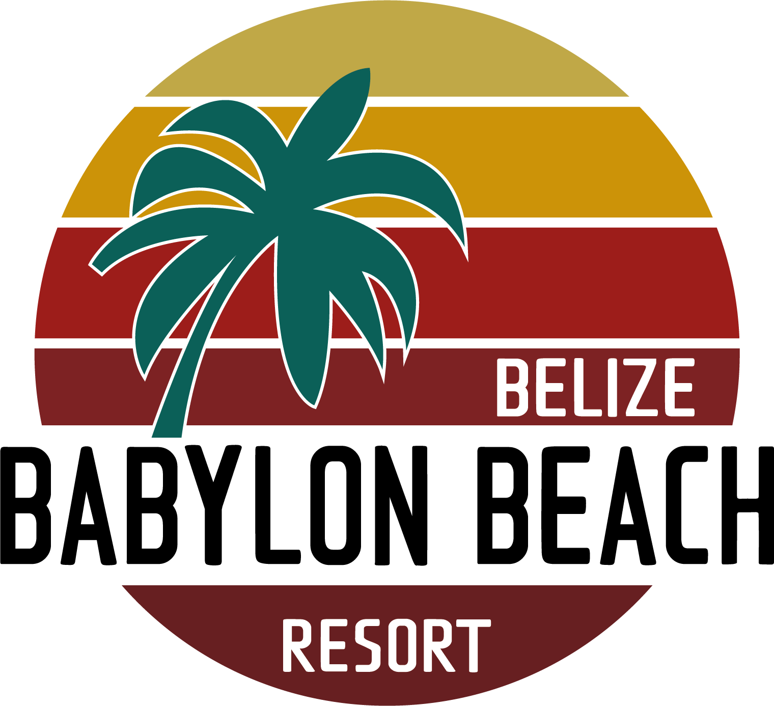 Babylon Beach Resort logo: palm tree silhouette over sunset, Belize text, circular emblem.