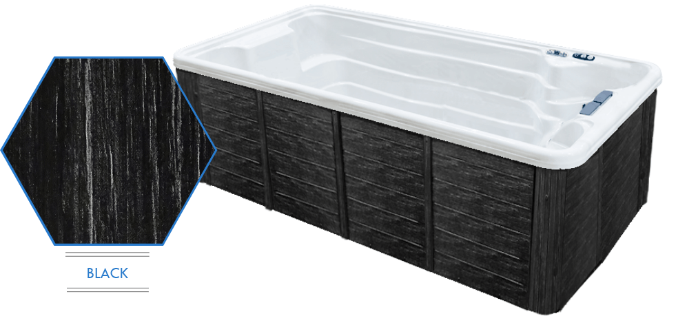 Black outdoor hot tub with white cover, shown in side view and close-up texture inset