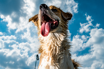 cane gioca felice sotto il cielo azzurro