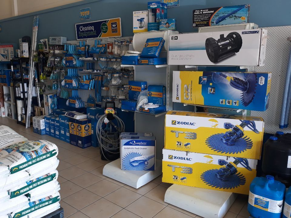 A Store Filled With Lots of Swimming Pool Equipment — Tweed Coast Pool Care in Robina, QLD