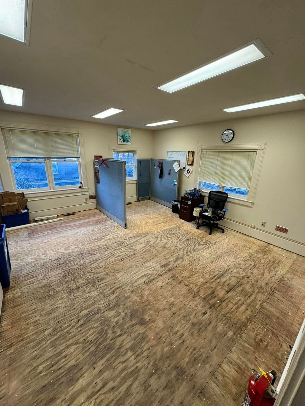 Empty office with exposed plywood floor, two windows, two partition walls, and a fire extinguisher.