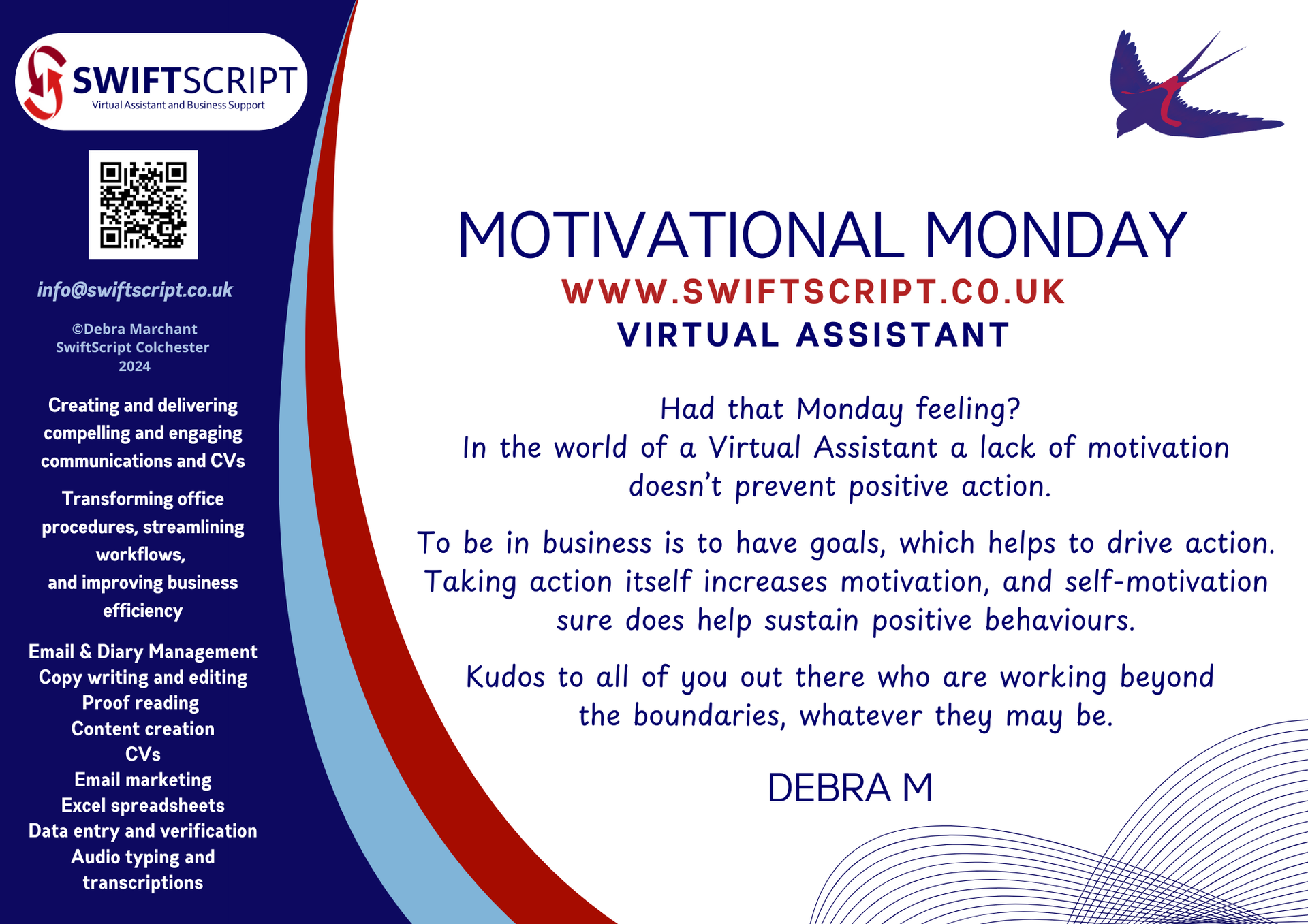 Image of a Swift and text about motivation for a Virtual Assistant with business goals in mind
