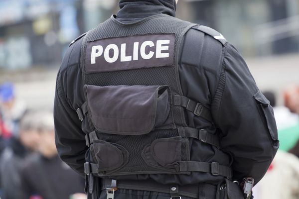 The back of a police officer wearing a black vest.