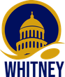 Gold dome building silhouette inside a blue circle with gold swoosh; 