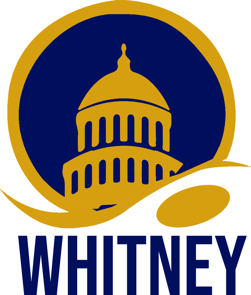 Gold dome building silhouette inside a blue circle with gold swoosh; 
