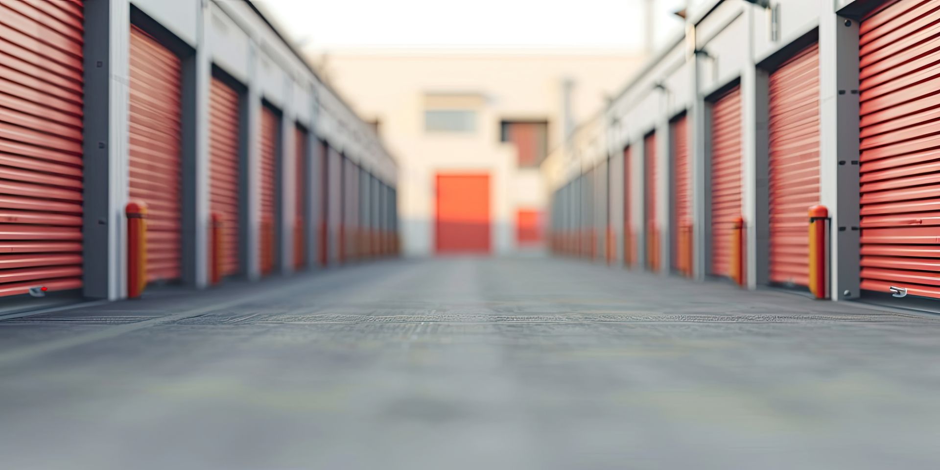 Drive-up mini self storage facility featuring a long hallway of orange roll-up doors.