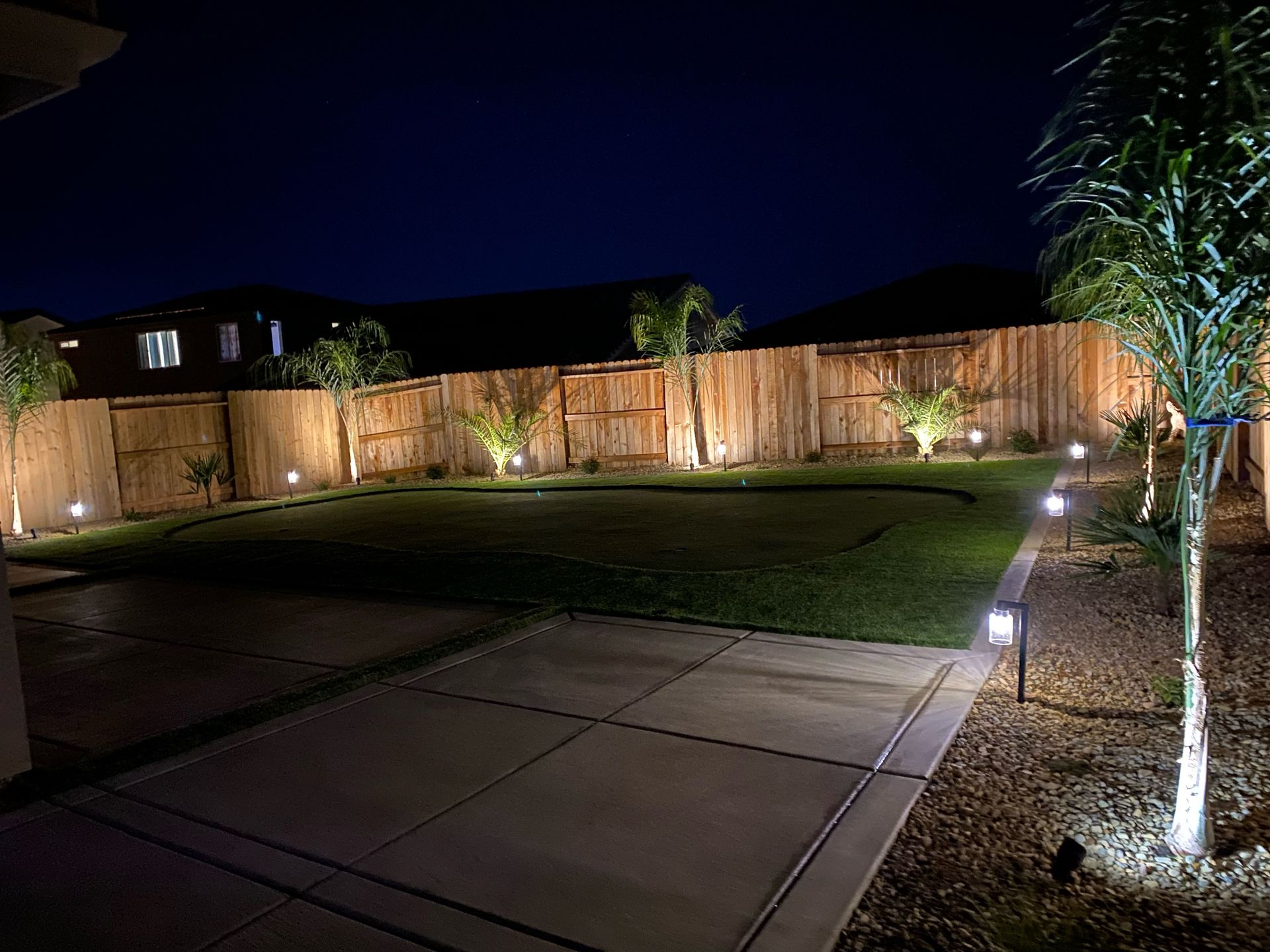 A backyard with a wooden fence and trees lit up at night.