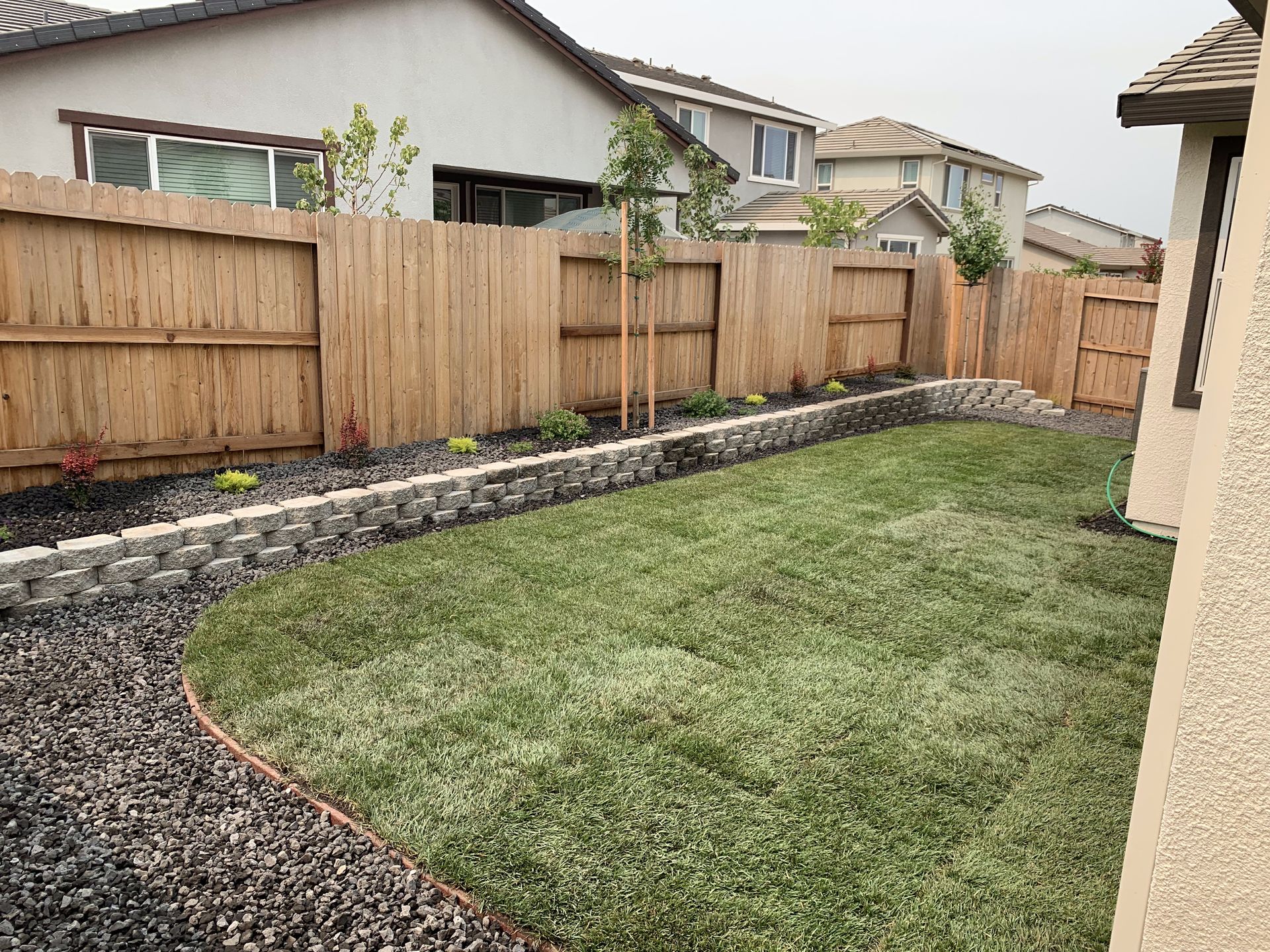 A backyard with a wooden fence and a lush green lawn.
