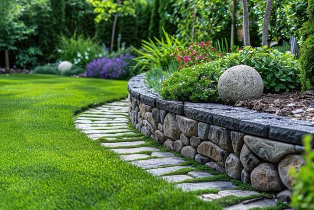 Stone pathway curves alongside a stone wall with green grass and various plants in a garden setting.