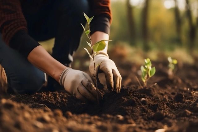 Person in gloves planting a seedling in dark soil outdoors.