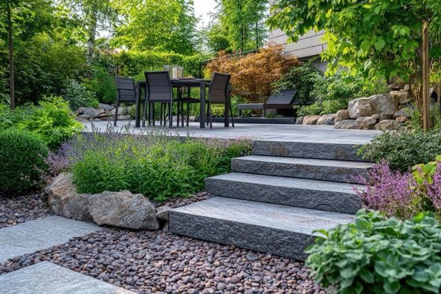a well-maintained backyard with seating